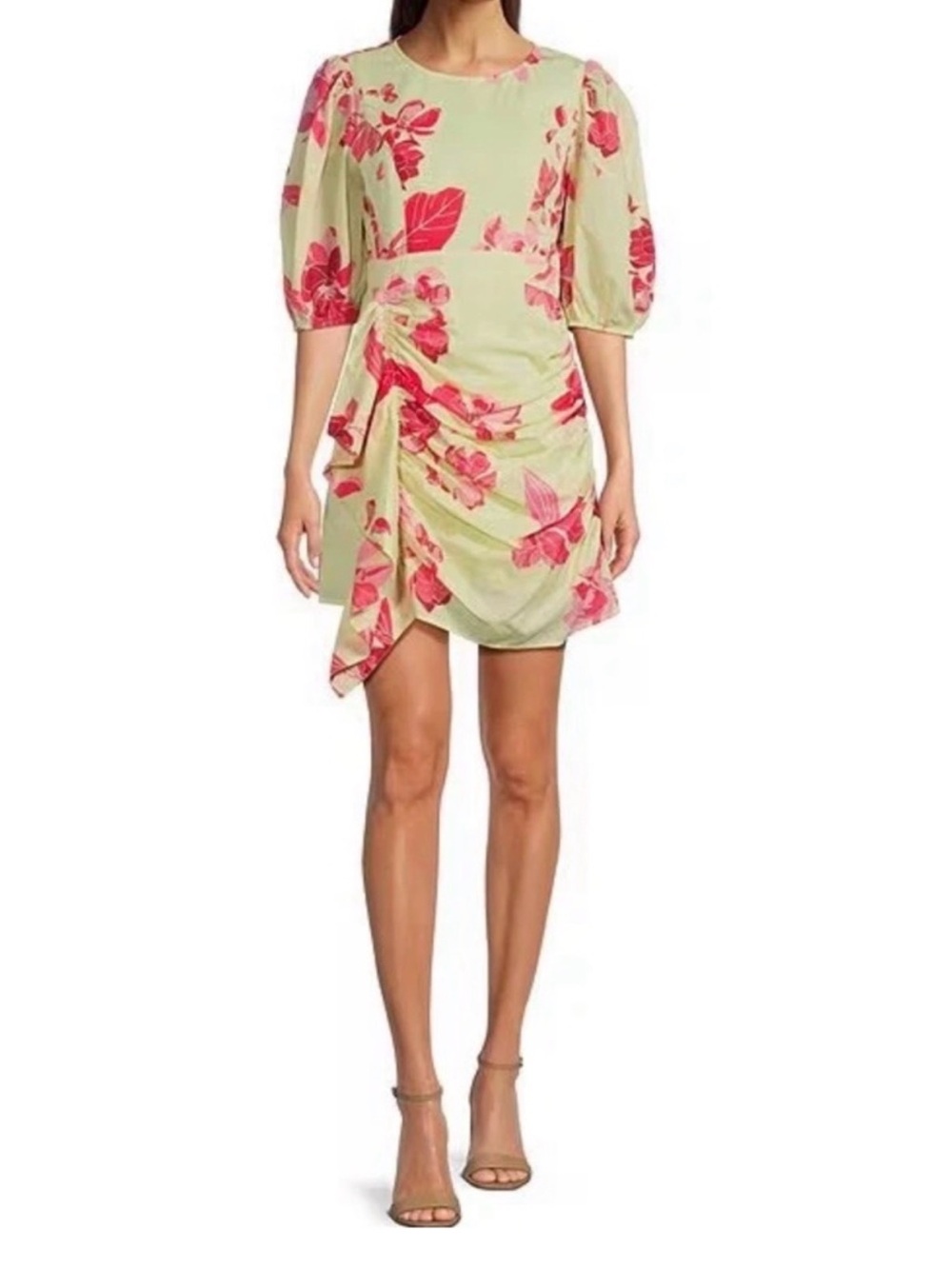 Ruched Floral Mini Dress in Light Green with Pink Print